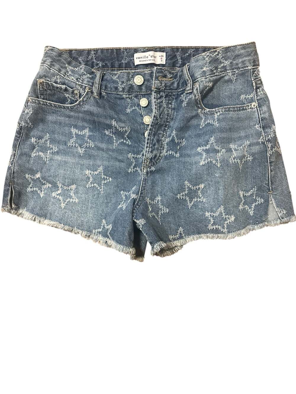 Vanilla Star Women's Denim Shorts with Distressed Star Print, Size 3 (W26)
